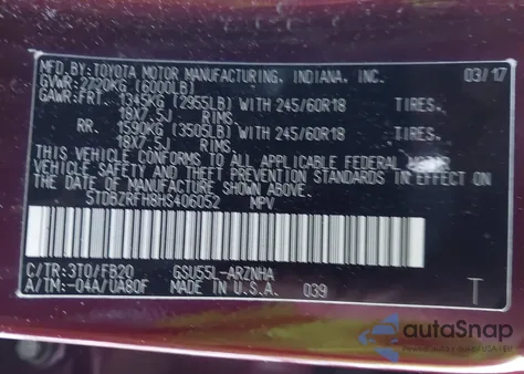 2017 Toyota Highlander Le z USA, uszkodzony, nr VIN 5TDBZRFH8HS406052